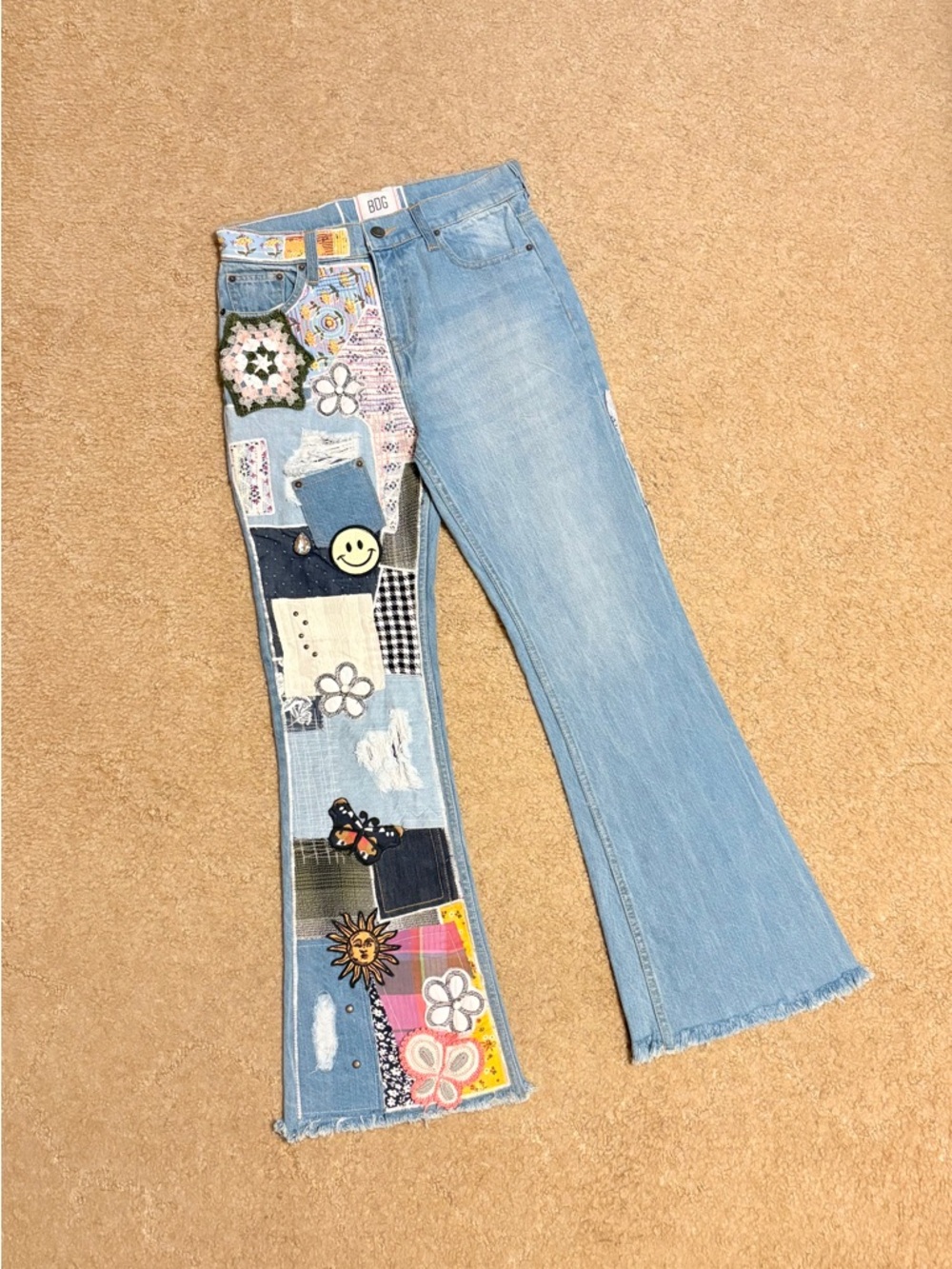 BDG Light Blue Denim Flare Jeans with Colorful Patchwork